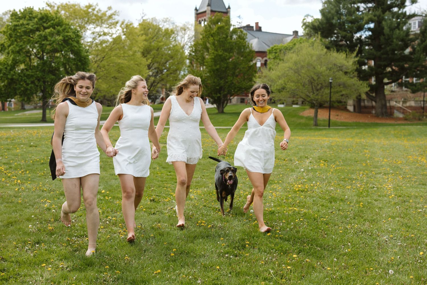 Four women in white dresses walk barefoot across a green field with a black dog on a sunny day.