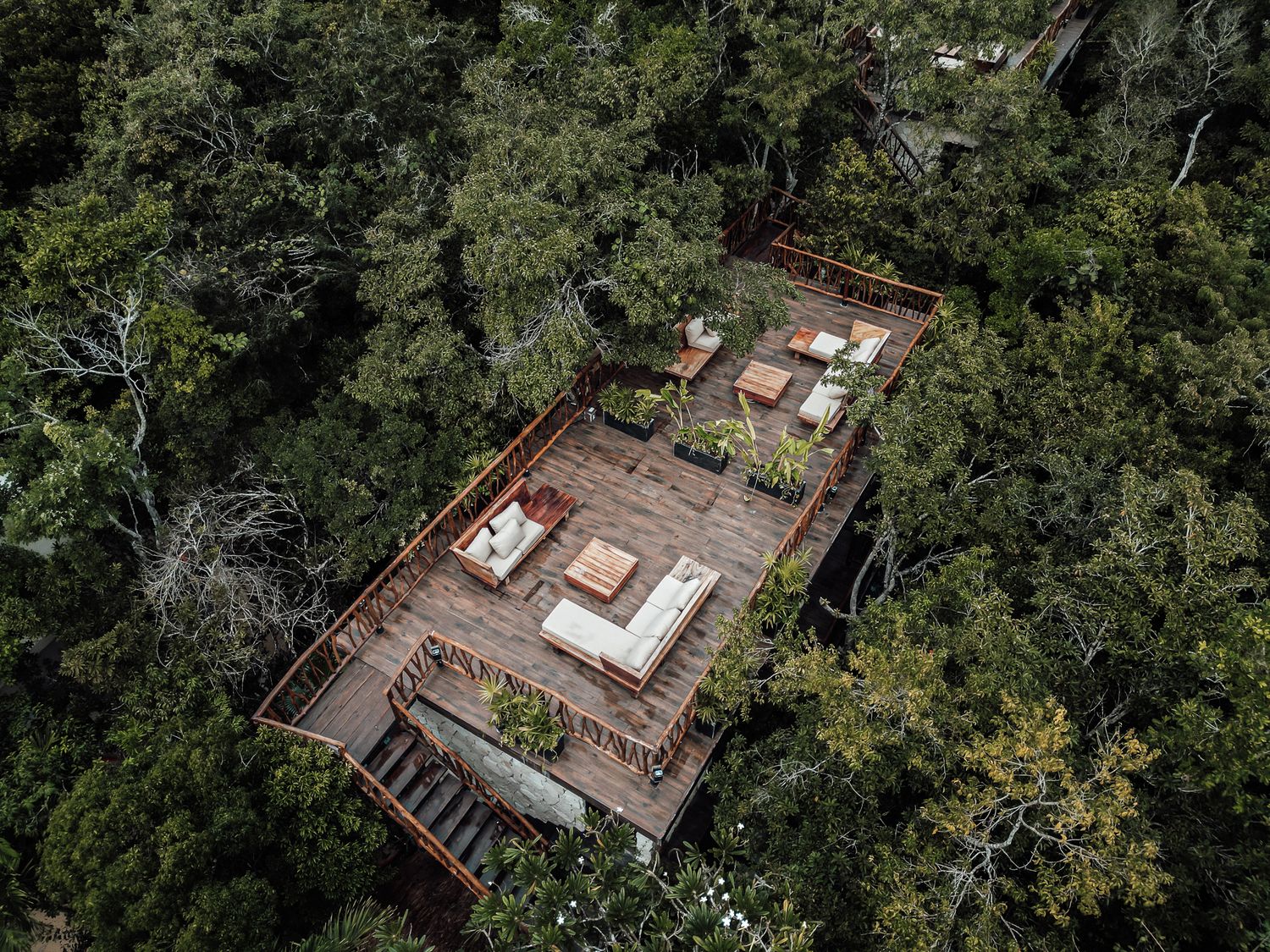 Aerial view of wooden rooftop terrace with outdoor furniture surrounded by dense tropical forest canopy.