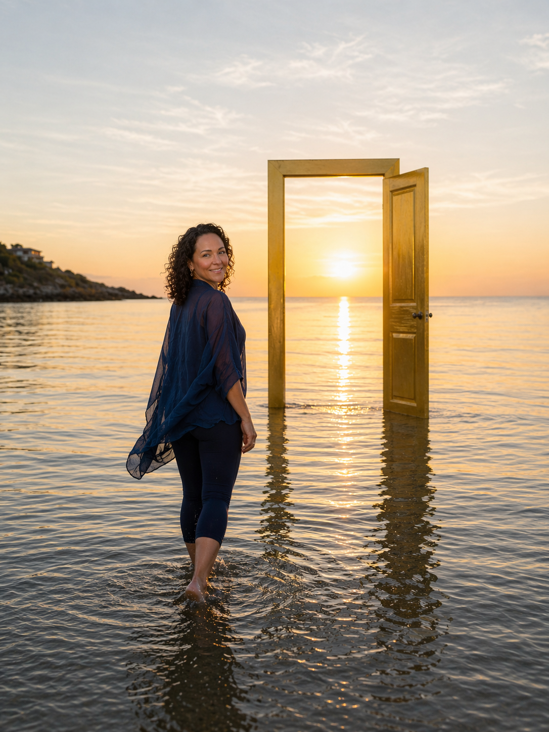 Woman standing in shallow ocean water at sunset beside a golden door frame glowing with warm light.
