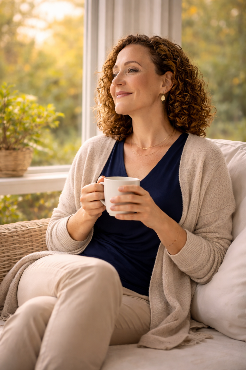 Person relaxing on couch with coffee cup enjoying peaceful morning moment.