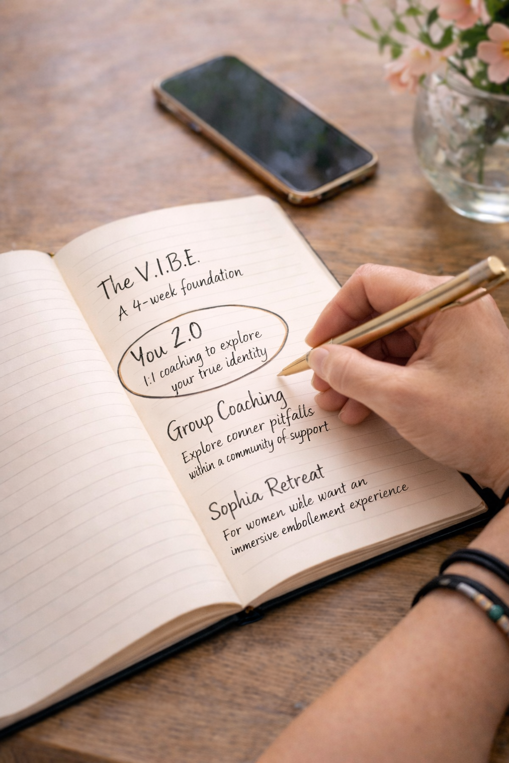 Hand writing notes about wellness and retreats in journal with gold pen.
