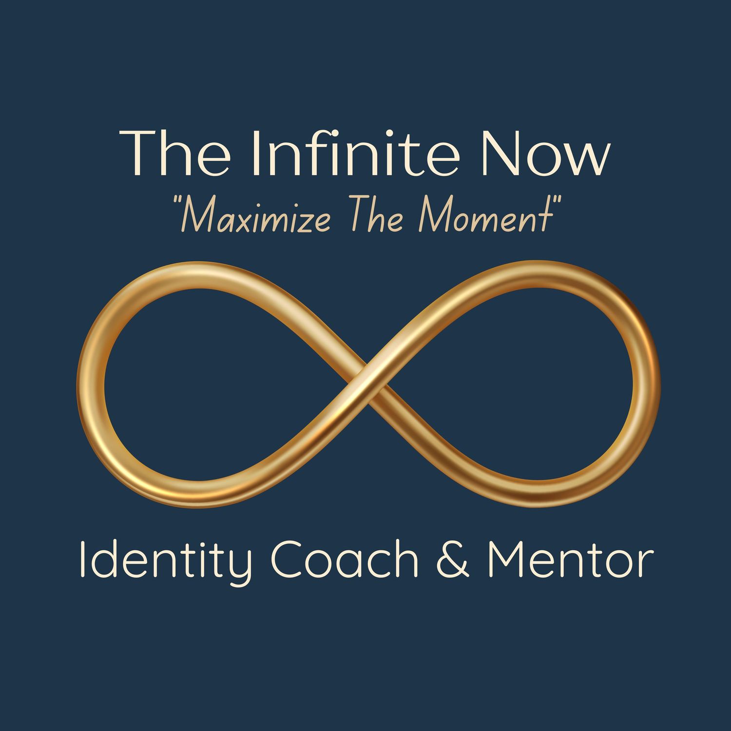Gold infinity symbol logo design on dark blue background with text 'The Infinite Now'.
