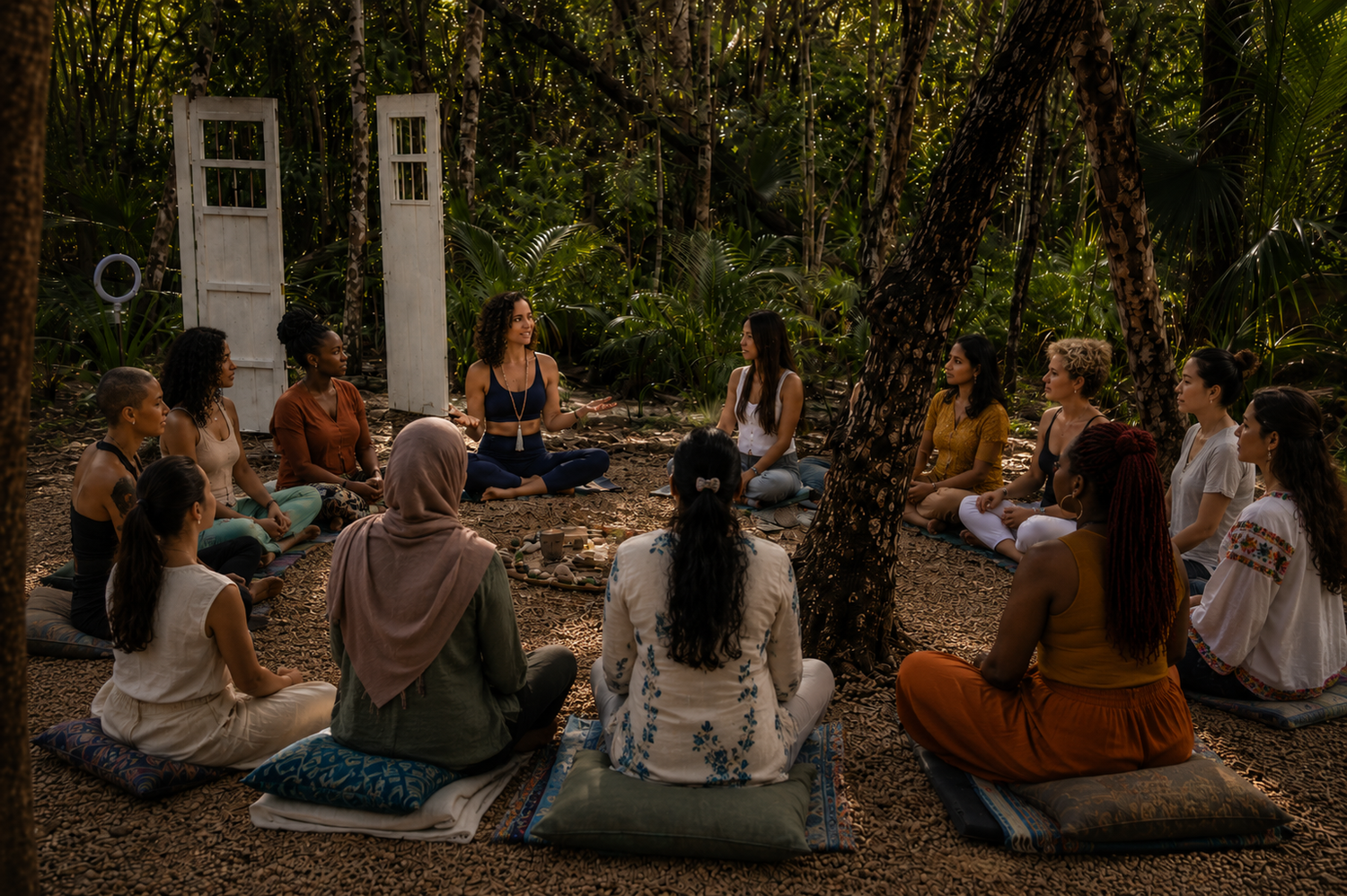 Group meditation session in a lush forest setting with diverse participants seated in a circle on cushions.