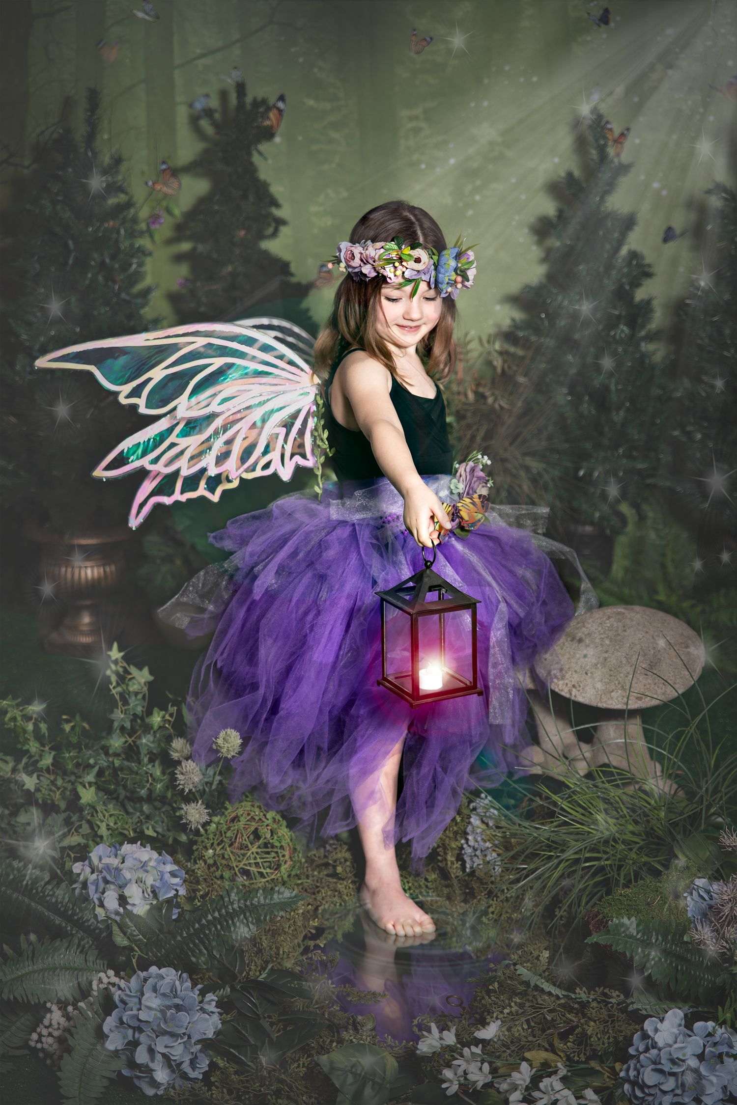 A fairy in a purple tulle tutu dress holds a glowing lantern in an enchanted forest setting with mushrooms and twinkling lights.