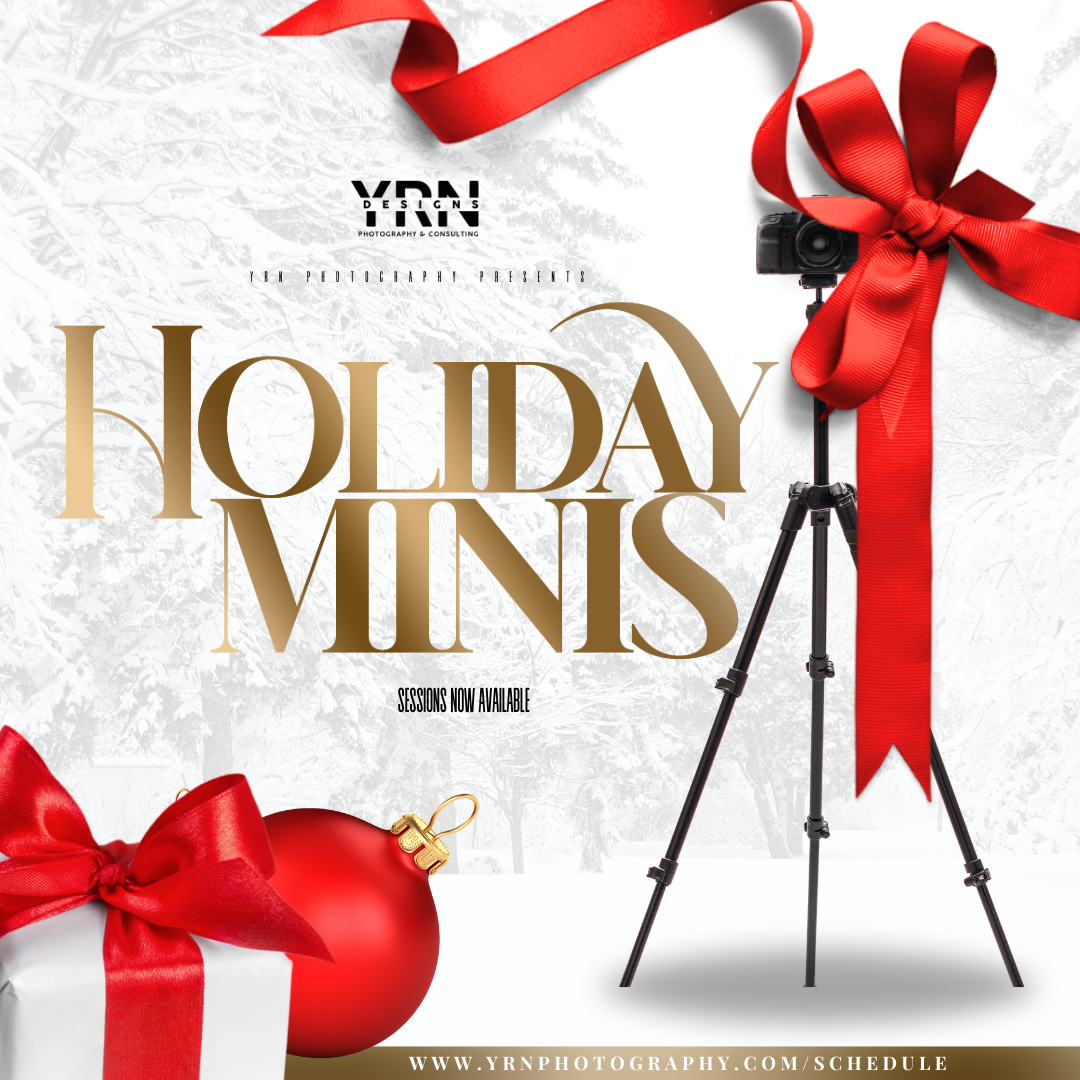 Red bows and ribbons decorate a holiday themed professional photography business advertisement.
