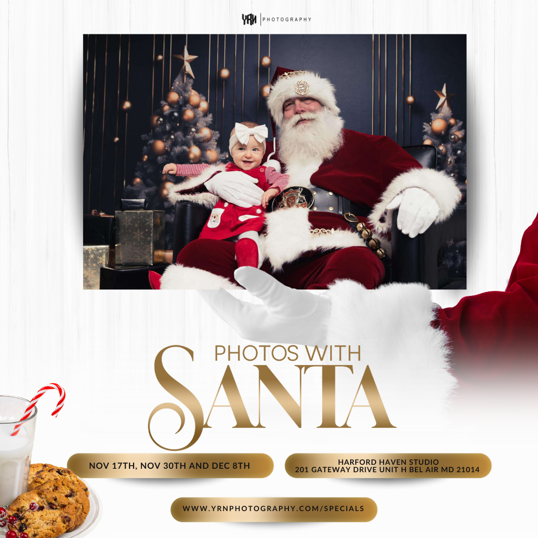 Marketing flyer for Photos with Santa sessions featuring festive design elements and booking information.