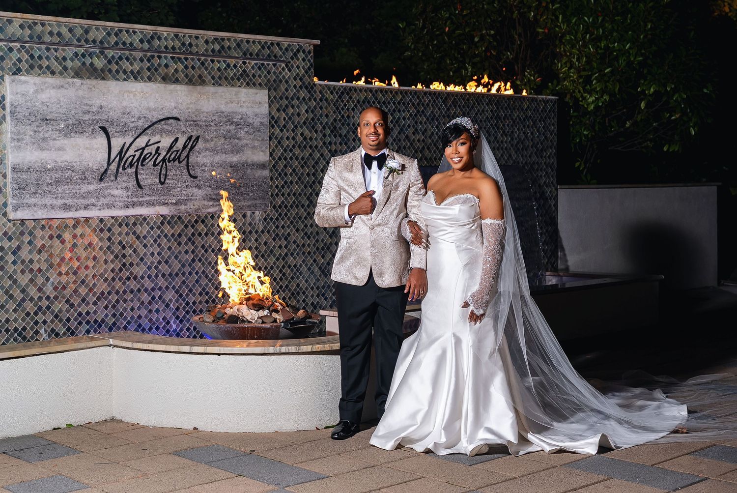 A series of wedding photos showing couples seated by outdoor fire pits at night in elegant formal attire.