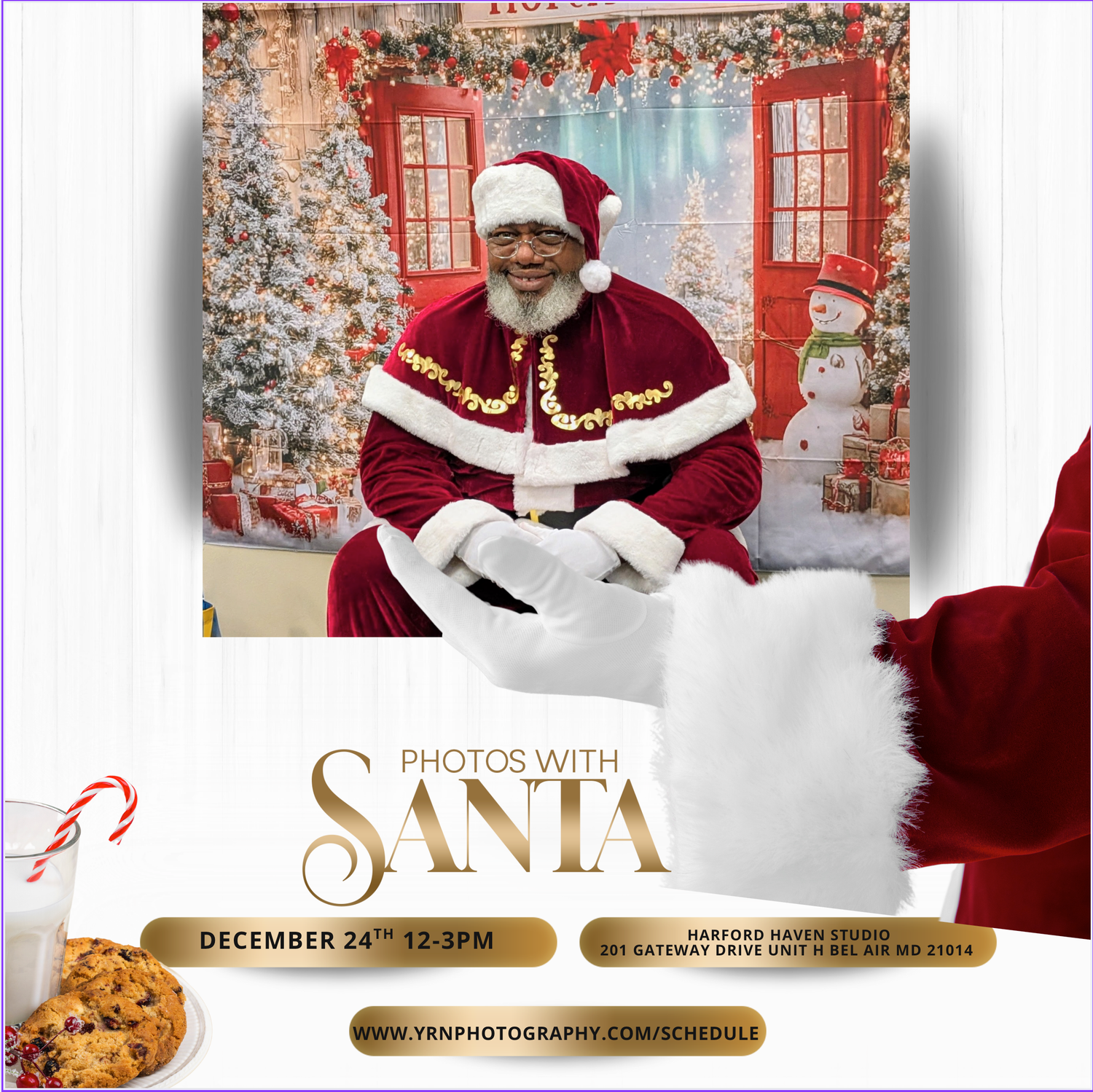 Holiday photo session advertisement featuring festive red and white decor with Christmas trees and ornate window displays.