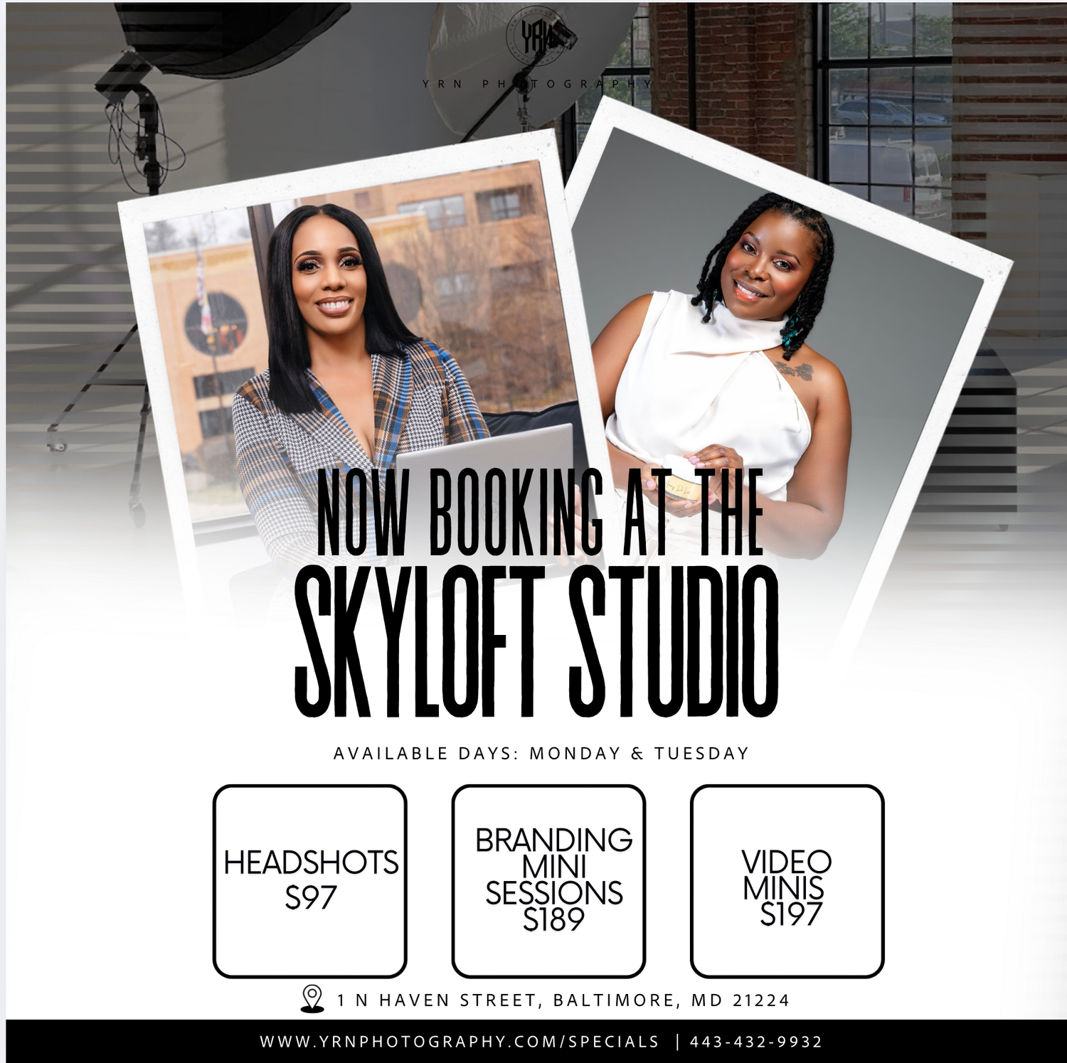 Professional photography studio website banner showcasing headshots, branding and video services with pricing.