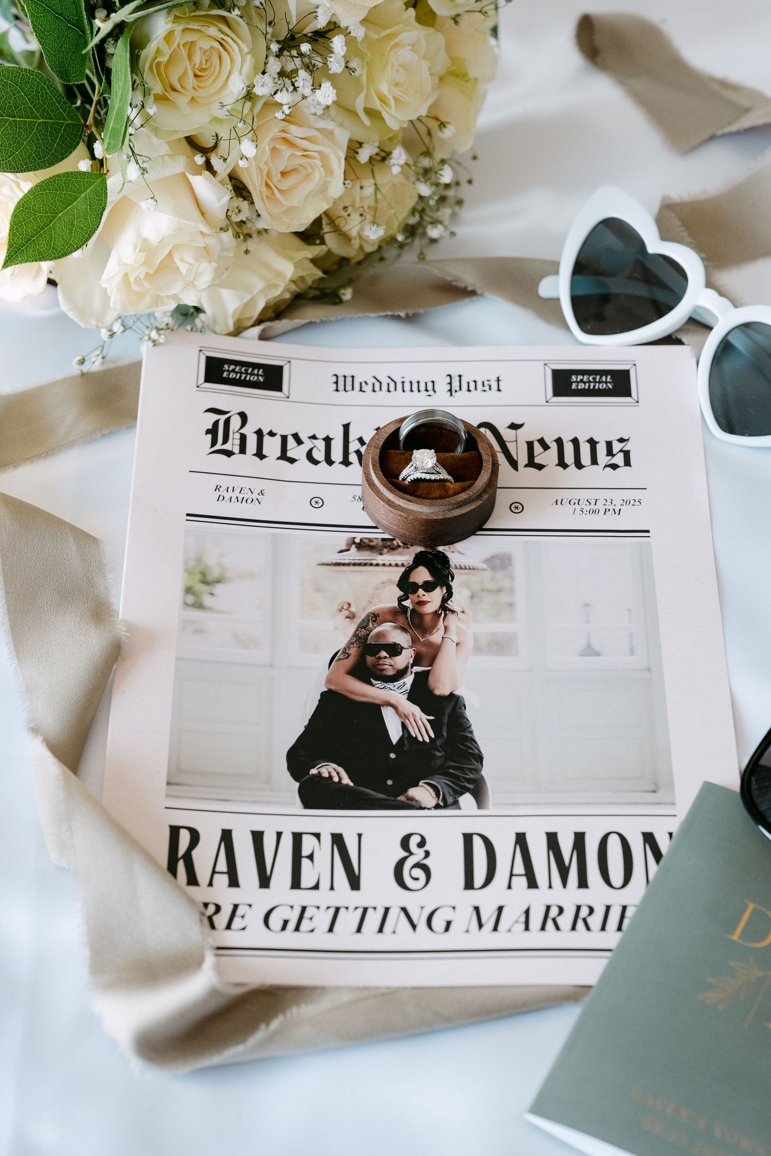 Wedding newspaper announcement with white roses and sunglasses on a light background with multiple views.