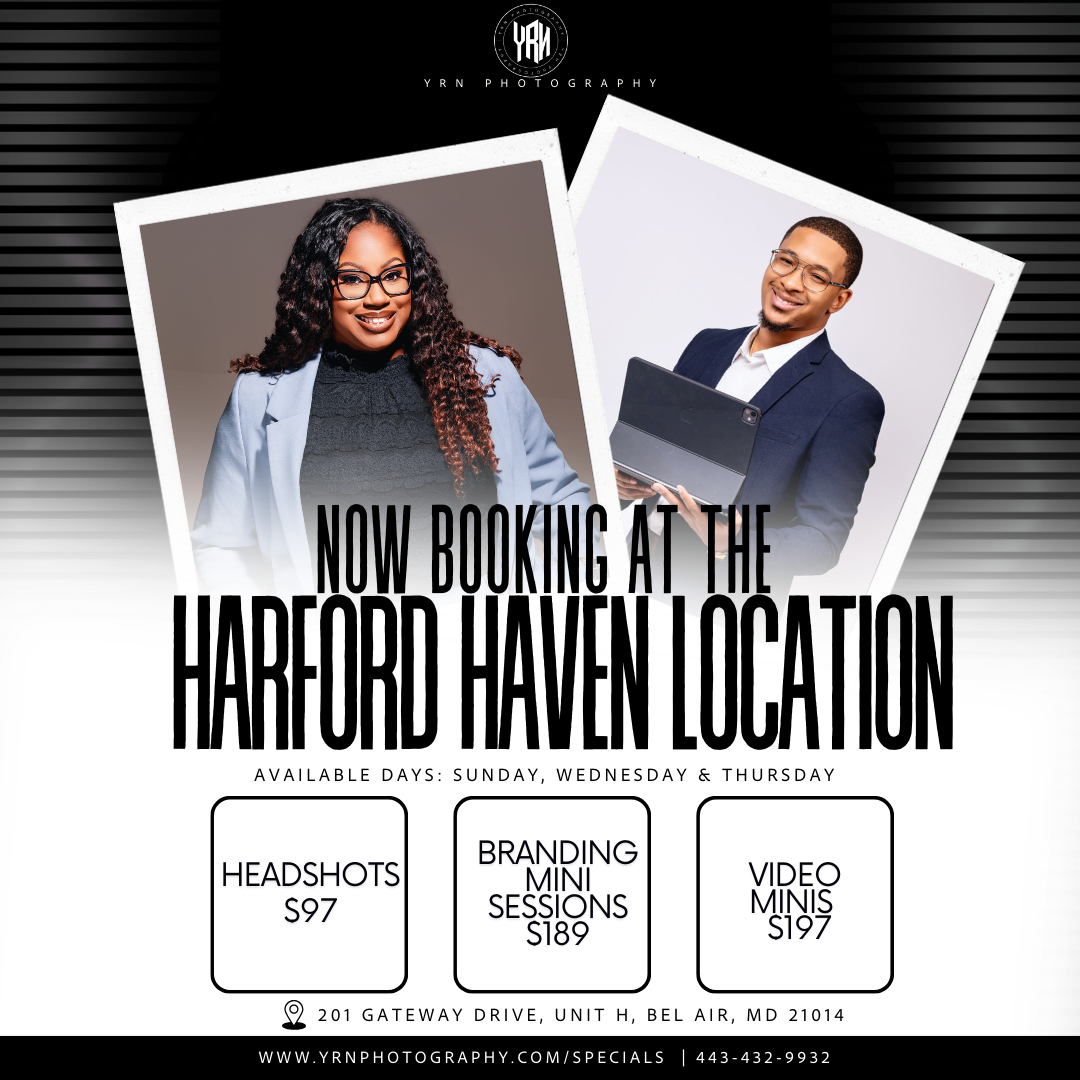 Professional photography studio advertisement showing pricing tiers for headshots, branding, and video services.