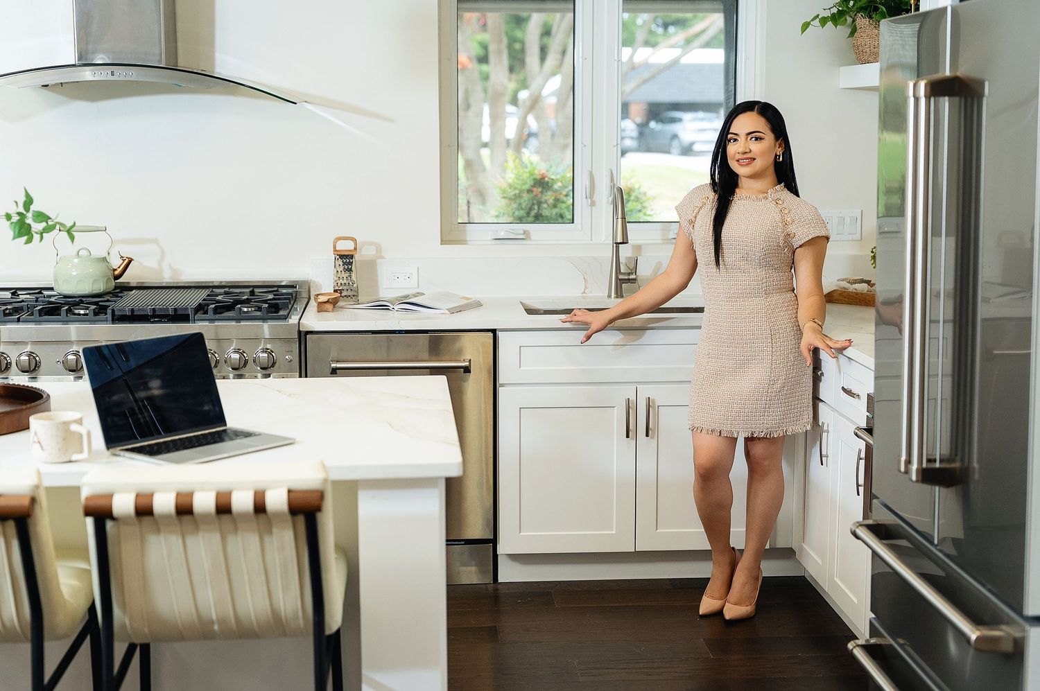 A collage of modern kitchen interior scenes showing countertops, appliances and natural lighting through windows.