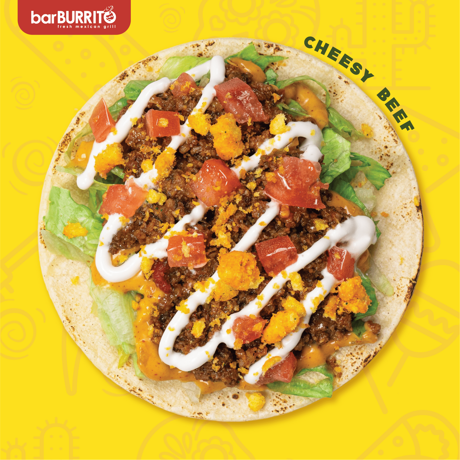 Five colorful soft tacos with ground beef, cheese sauce, lettuce and sour cream arranged in a row on a yellow background.