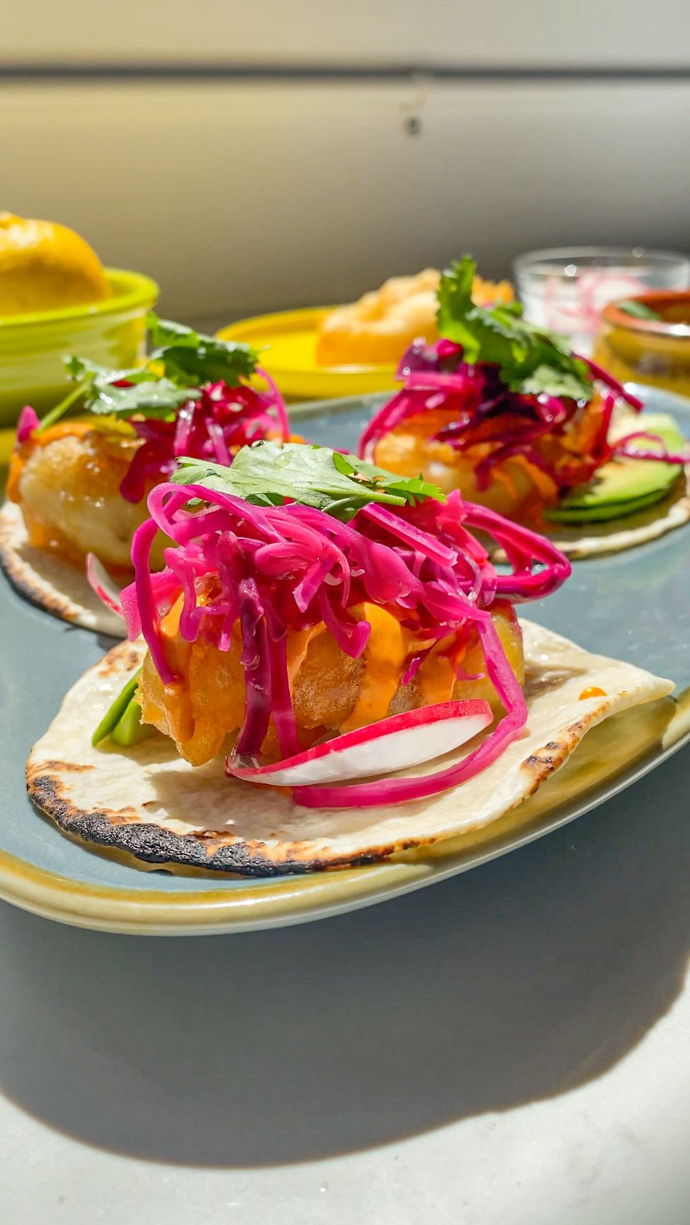Several tacos arranged in a row garnished with vibrant pink pickled onions and cilantro on corn tortillas cast in sunlight.