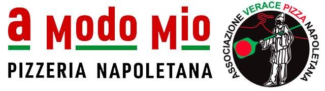 Red logo for A Modo Mio Pizzeria Napoletana with certified Neapolitan pizza seal.