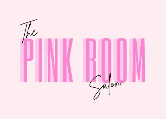 Pink neon script logo design for The Pink Room Salon against light pink background. hair salon