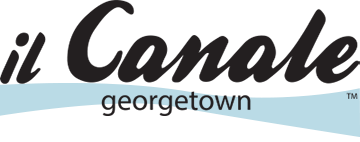 Black cursive logo for il Canale Georgetown Washington DC restaurant  with light blue wave design element.