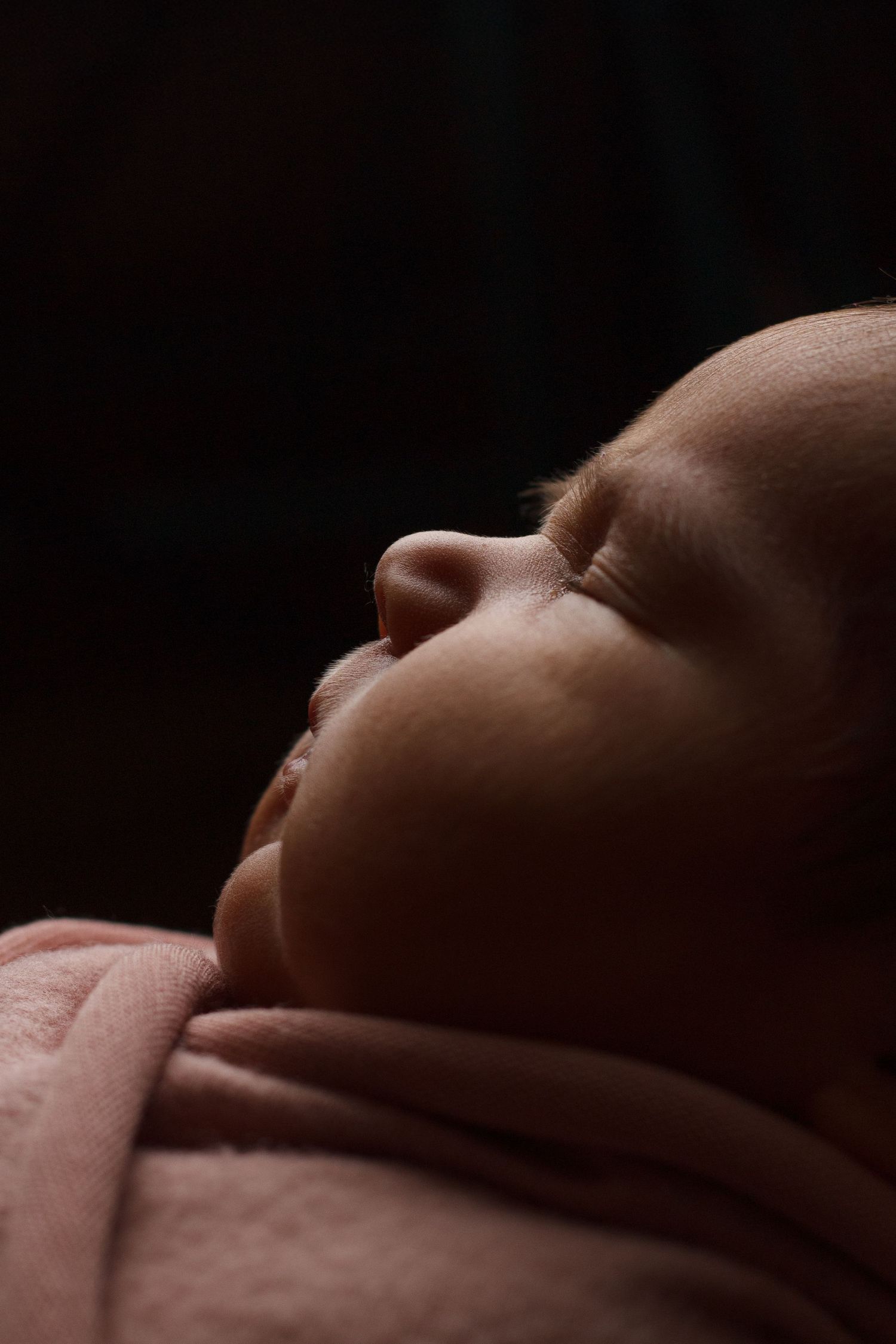 Close-up side profile of a newborn baby girl sleeping peacefully during a newborn photography session in Dalton, Georgia.