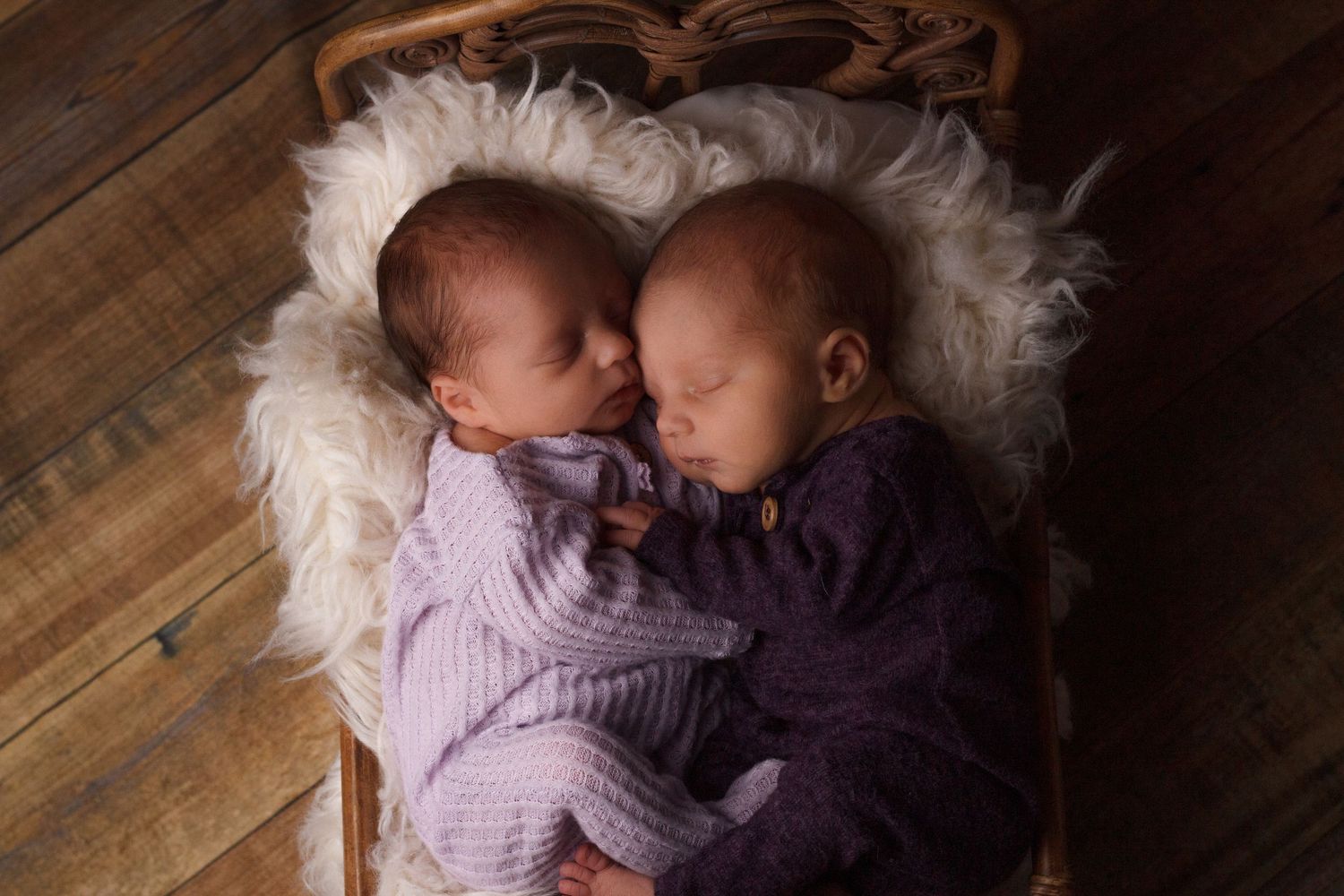 Newborn baby girls snuggled together on a tiny bed wearing purple during a newborn session in Dalton Georgia