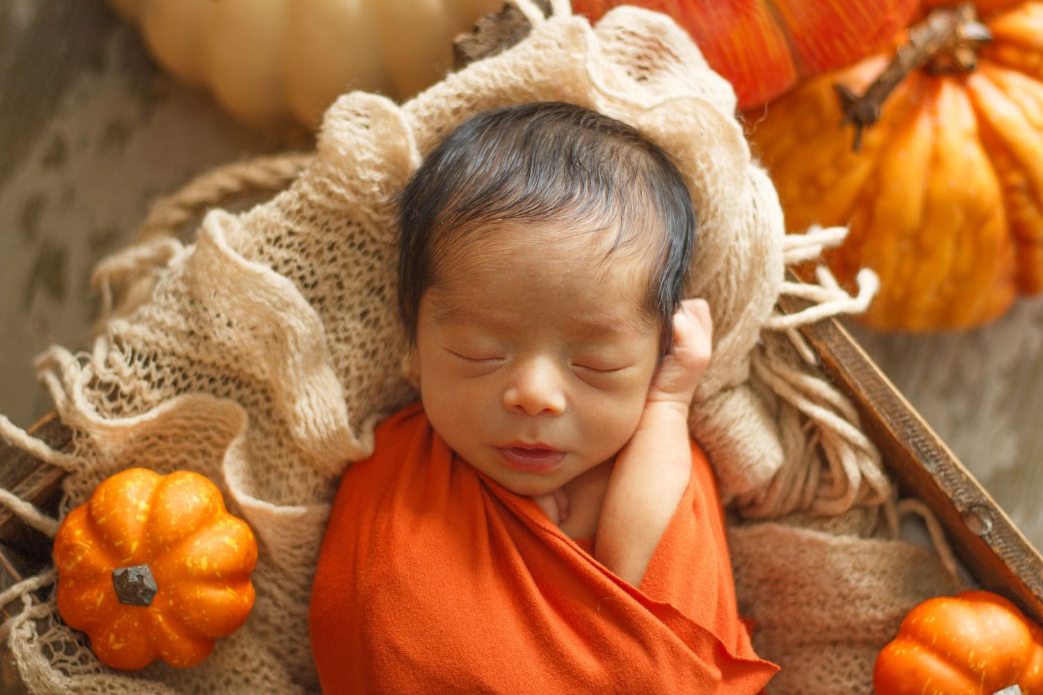 Newborn girl in pumpkin-themed outfit surrounded by pumpkins – Dalton GA Newborn session.