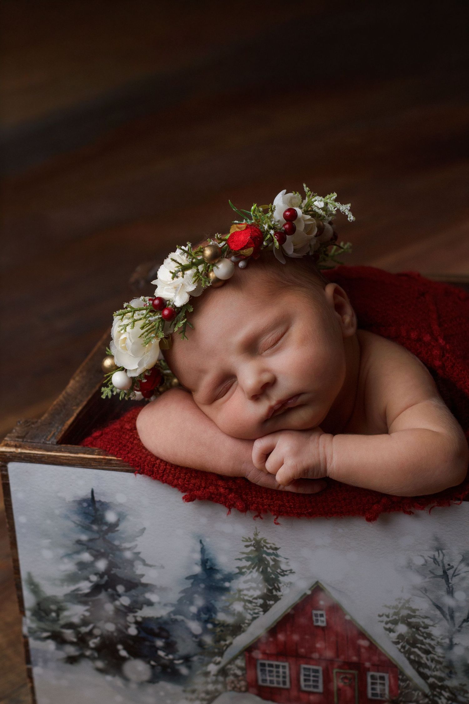 Newborn baby girl wearing a delicate floral crown resting her head on her hands during a newborn photography session in Dalton, Georgia.