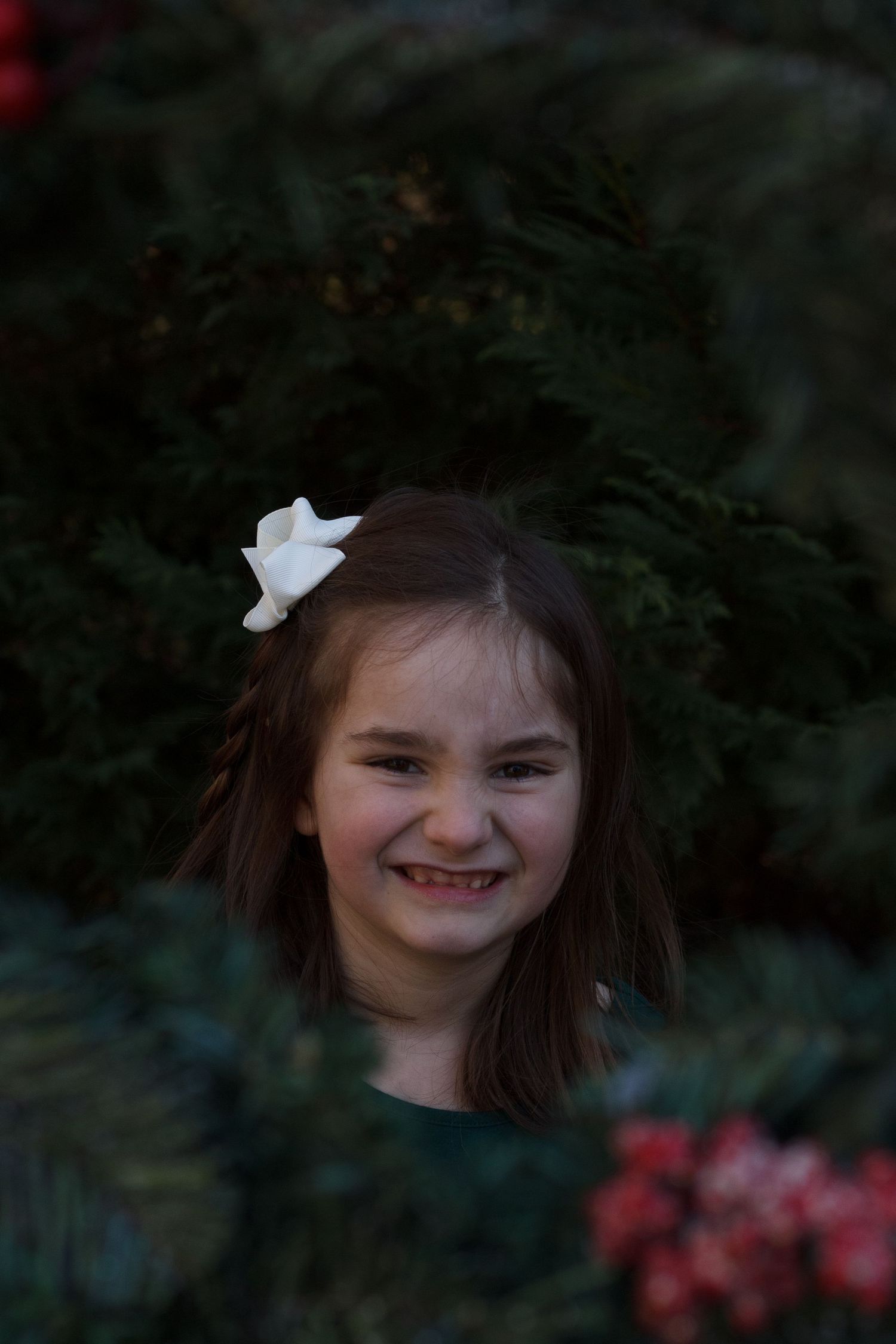 Little girl smiling surrounded by holiday wreath - Dalton Family photography