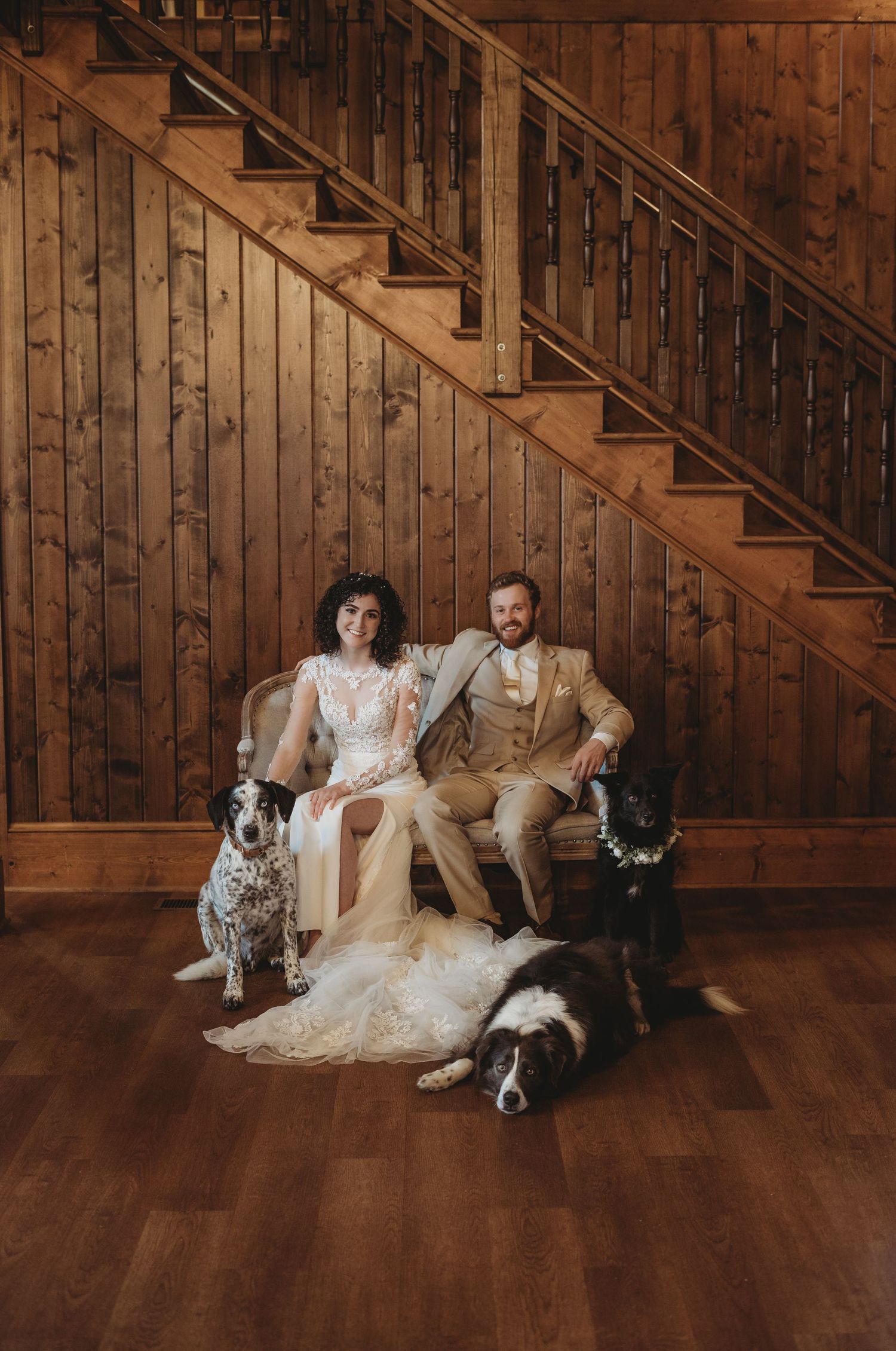 Wedding couple posing with their dogs on hardwood floor against wooden wall backdrop.