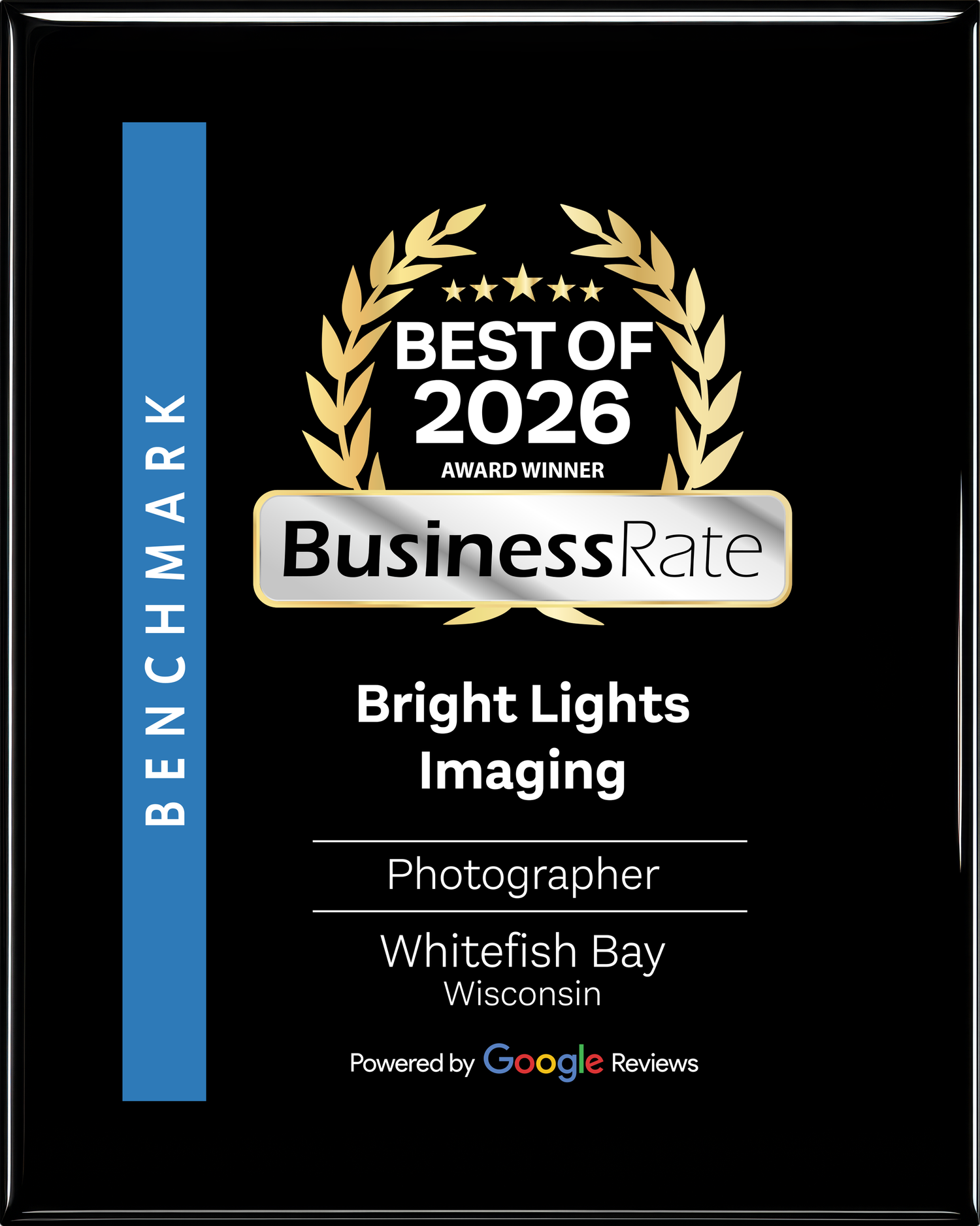 Bright Lights Imaging Best of 2026 BusinessRate Award Winner plaque for Photographer in Whitefish Bay, Wisconsin.