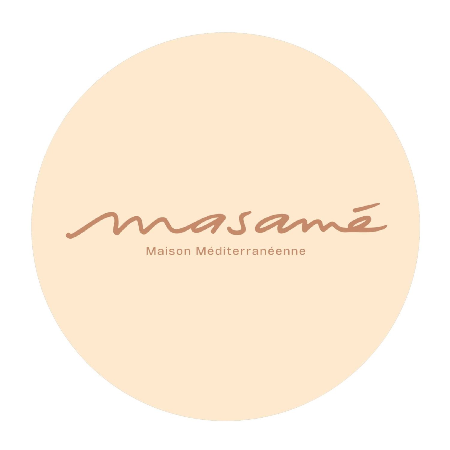 Masamé Maison Méditerranéenne logo on a soft beige circular background with elegant cursive typography.