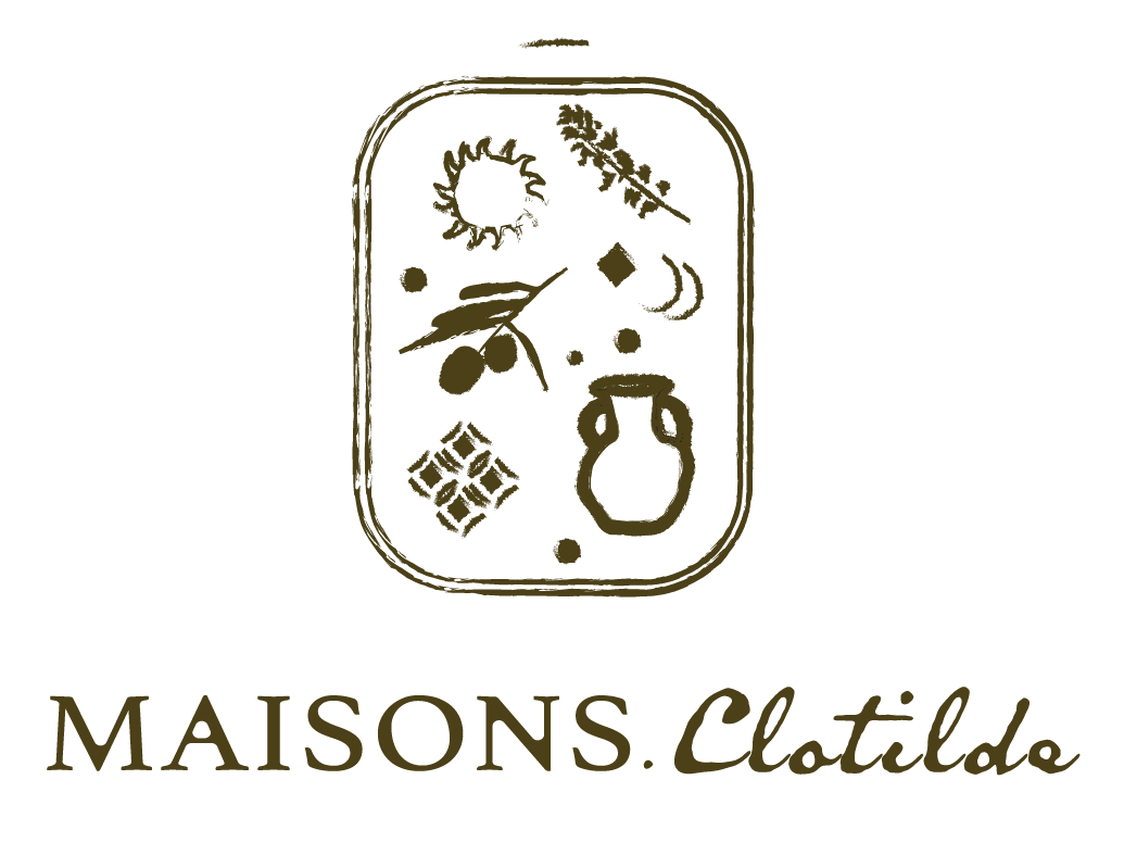 Maisons Clotilde logo featuring olive branches, sun, moon, and amphora symbols in an elegant olive green vintage style.