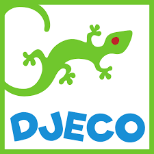 Djeco brand logo featuring a bright green gecko lizard with a red eye above bold blue DJECO text on white background.