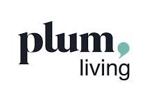 Plum Living brand logo featuring bold dark typography with a green comma accent mark on white background.