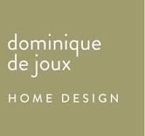 Dominique de Joux Home Design logo on an olive green background with elegant serif and sans-serif typography.