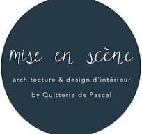 Mise en Scène architecture and interior design logo by Quitterie de Pascal on dark navy circular badge.