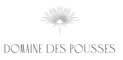 Domaine Des Pousses logo featuring elegant serif text beneath a minimalist palm leaf botanical illustration.