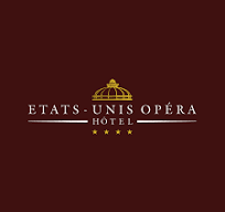 Etats-Unis Opéra Hotel four-star logo in gold on dark burgundy background, Paris luxury hotel branding.