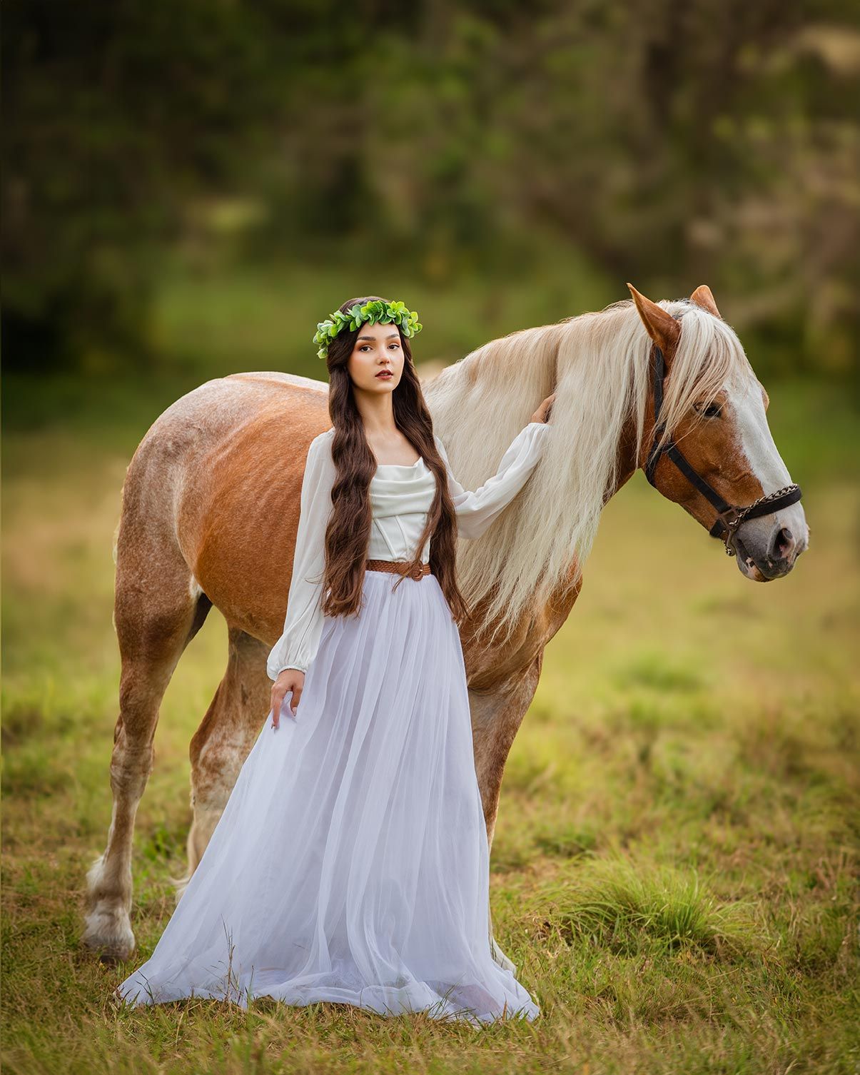 A beautiful draft horse with blonde mane stands beside a woman in a white dress and floral crown in a meadow.