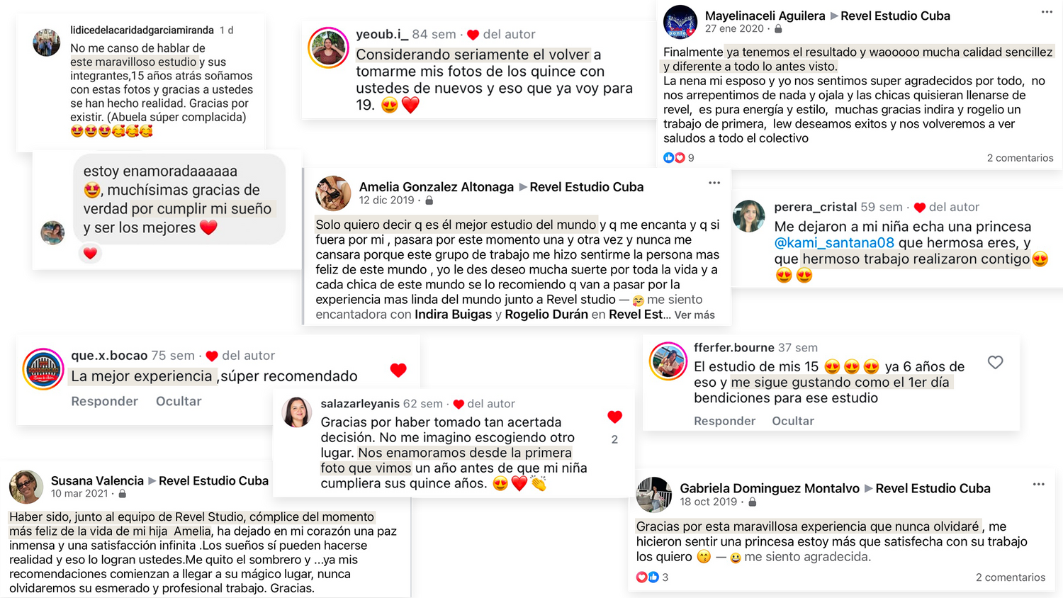 A collection of social media comments and reviews arranged in a grid layout with black text on white backgrounds.