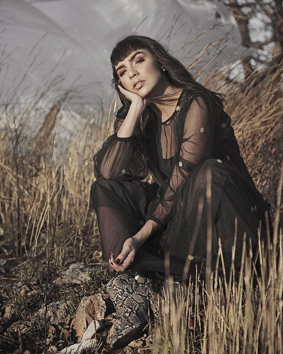 A figure in a sheer black dress poses thoughtfully among tall grasses on a moody overcast day.