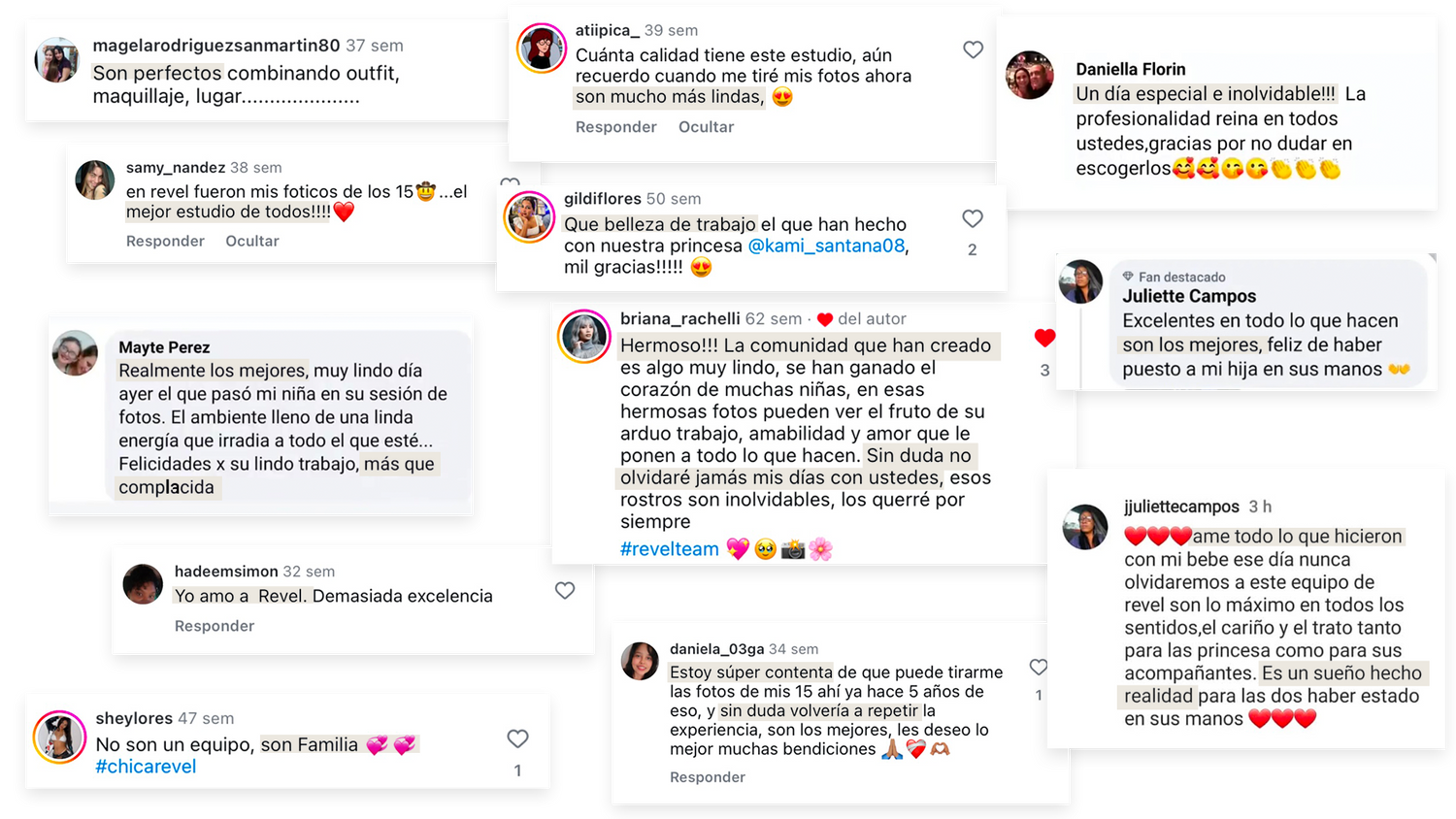 A collection of social media comments and reactions arranged in a grid layout with white text on dark backgrounds.