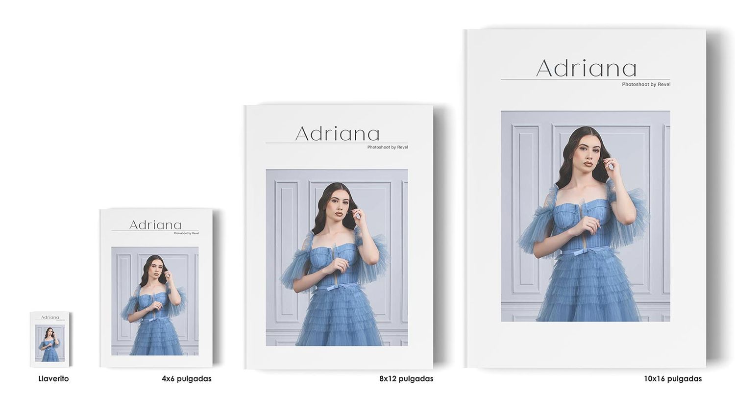 Four identical portraits displayed in ascending size order showing a blue dress against a light gray background.