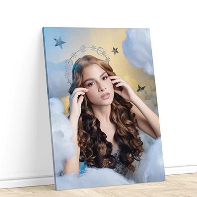Dreamy portrait artwork with butterflies and clouds featuring long curly hair and a crown detail.