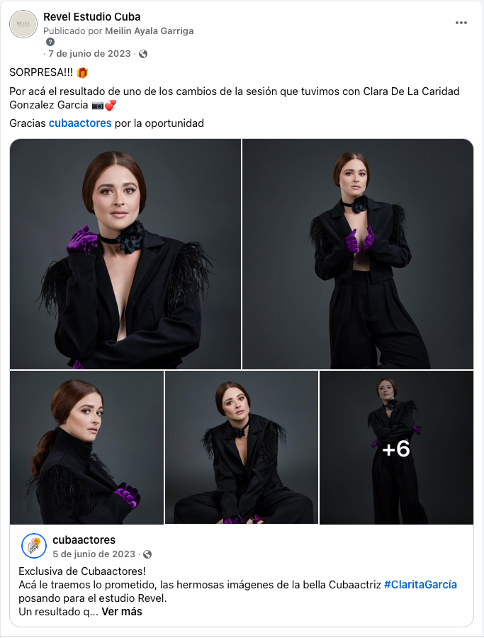 A fashion photoshoot featuring an elegant black formal dress with puff sleeves and plunging neckline against a dark backdrop.