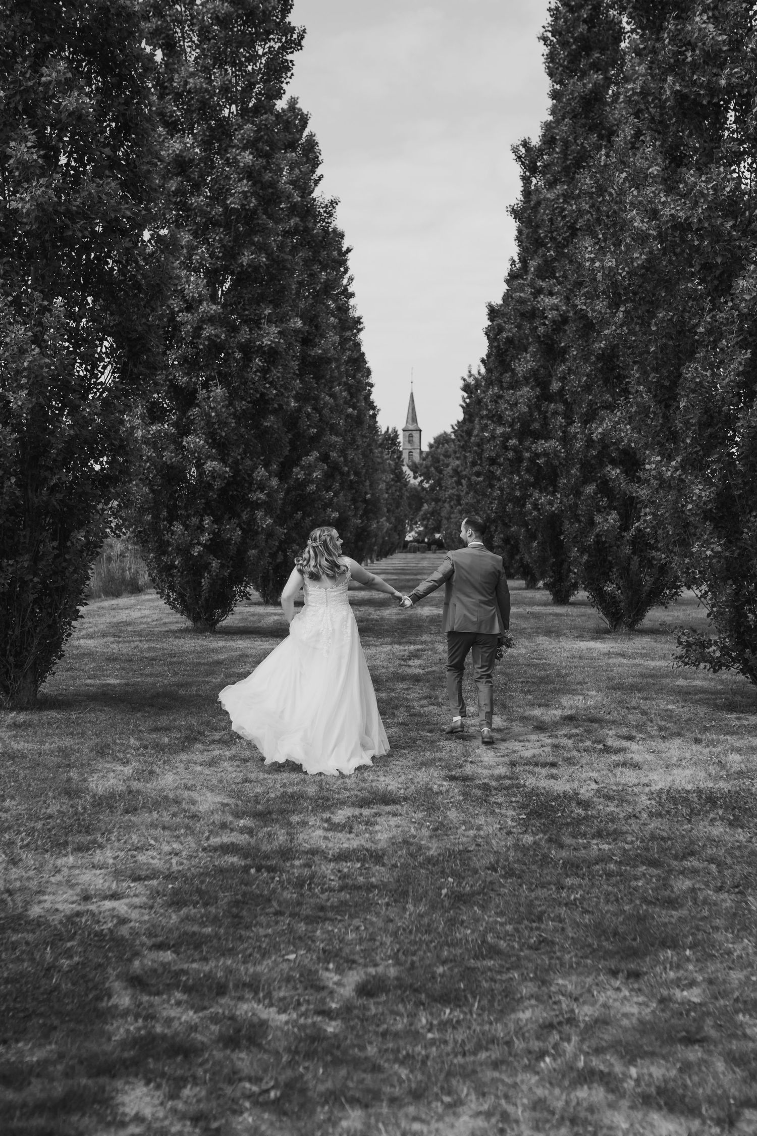 A romantic black and white scene of a couple walking between tall cypress trees with a church spire visible in the distance.