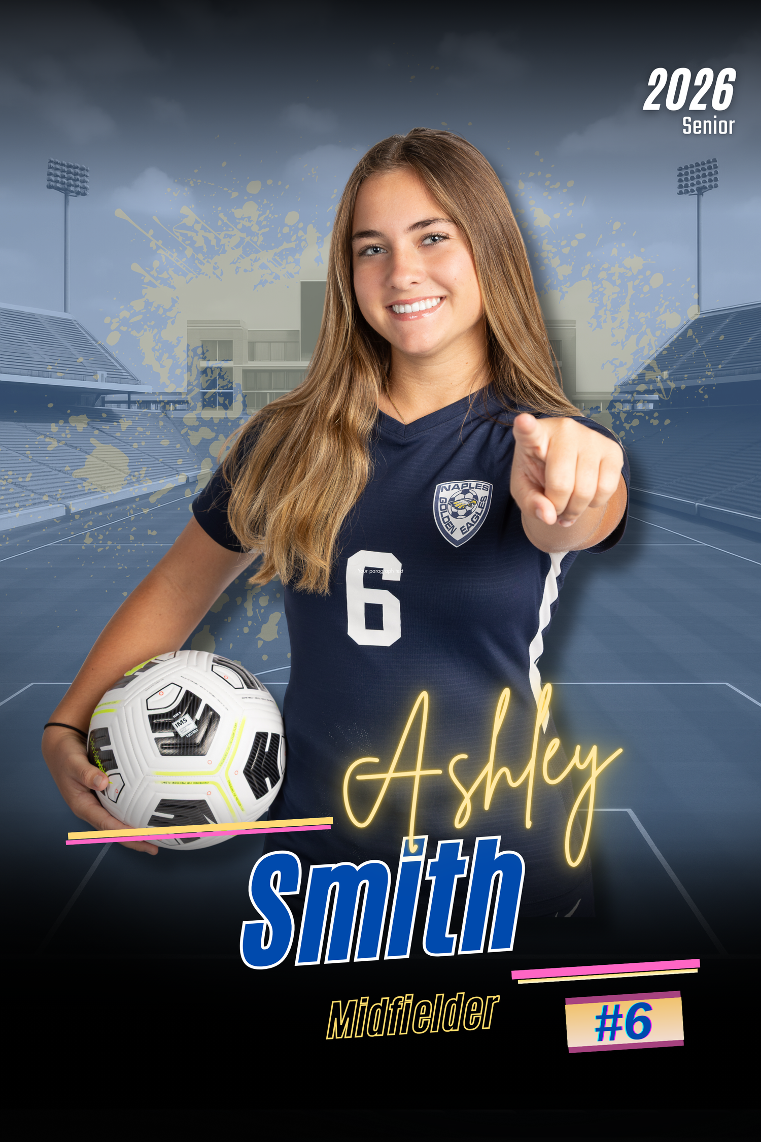 A series of soccer player sports banners featuring a navy blue uniform, soccer ball, and yellow graphic design elements.