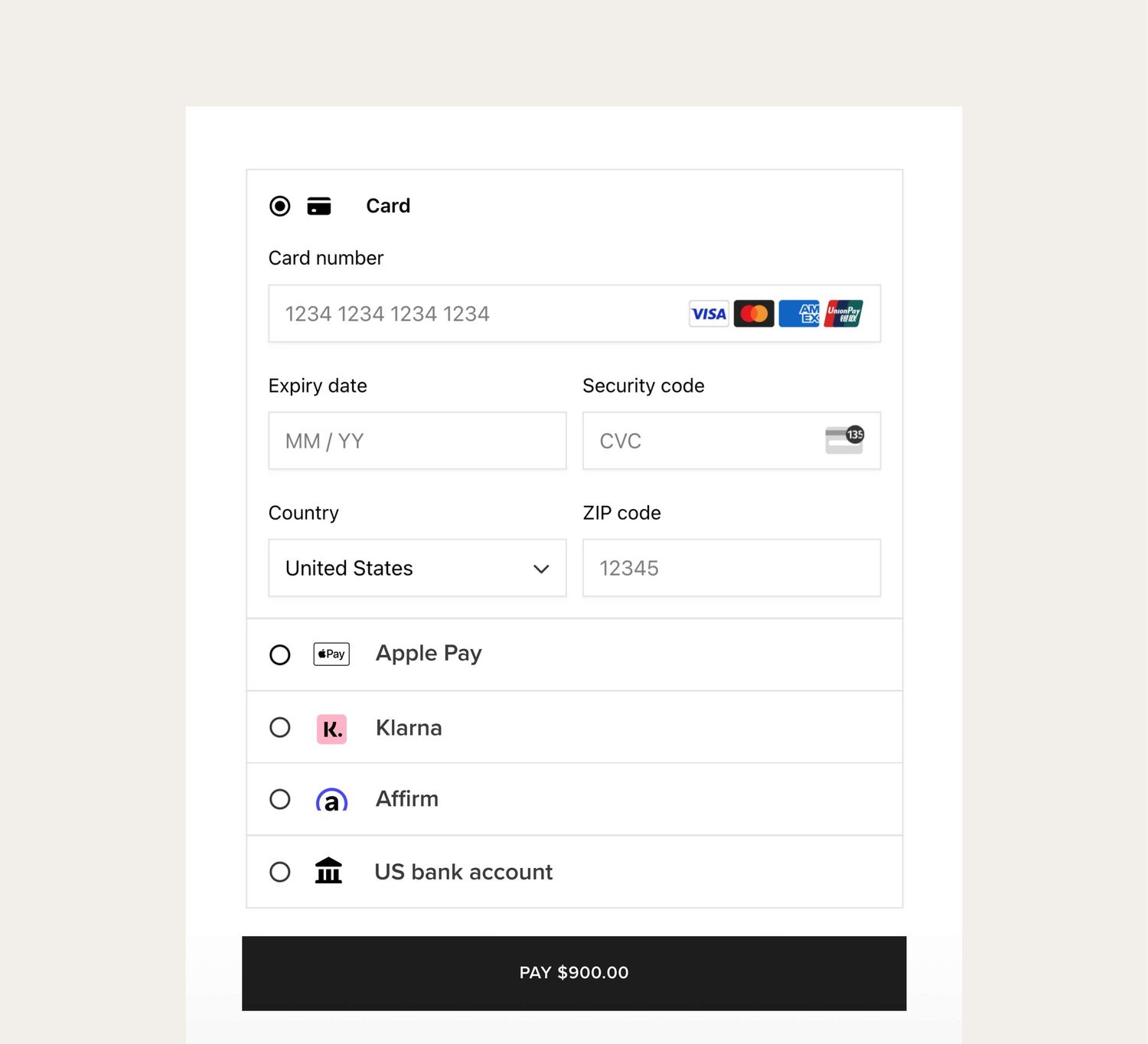Online payment form interface showing credit card fields, Apple Pay, and US bank account payment options.
