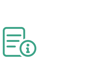 Simple line icon of a document or paper with information symbol in turquoise on black background.