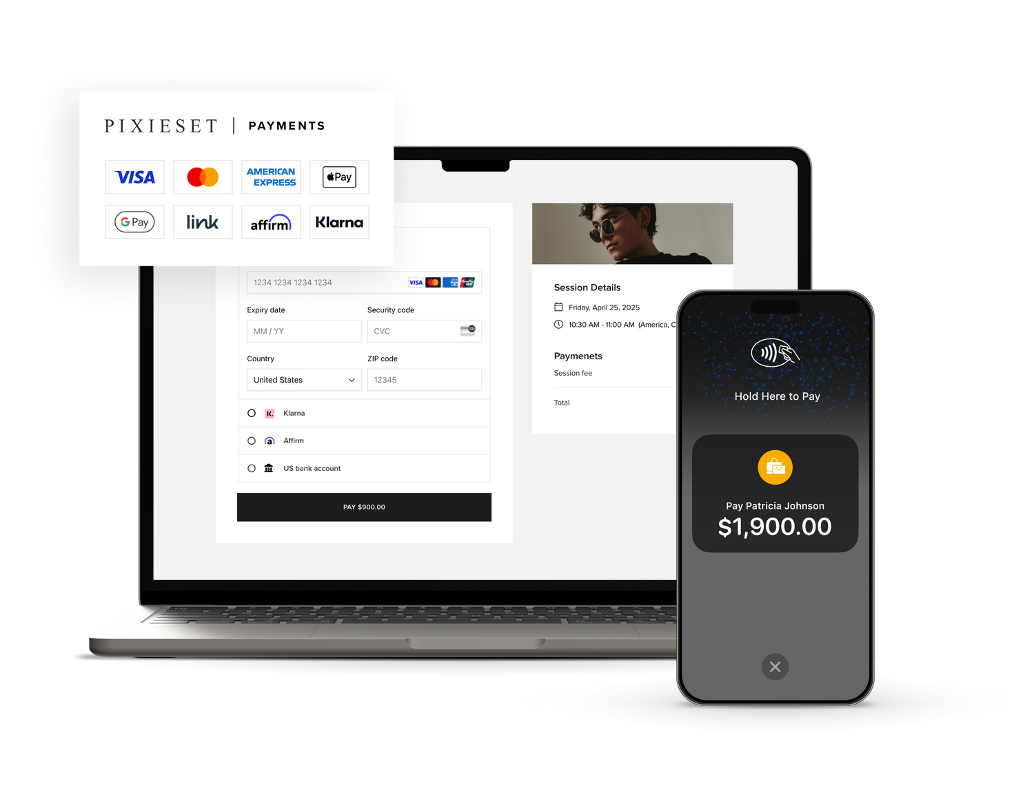 Laptop and smartphone display showing financial payment interface and digital wallet with transaction amount.