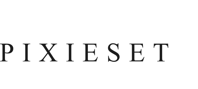 Dark grey and black logo for Pixieset against a black background.