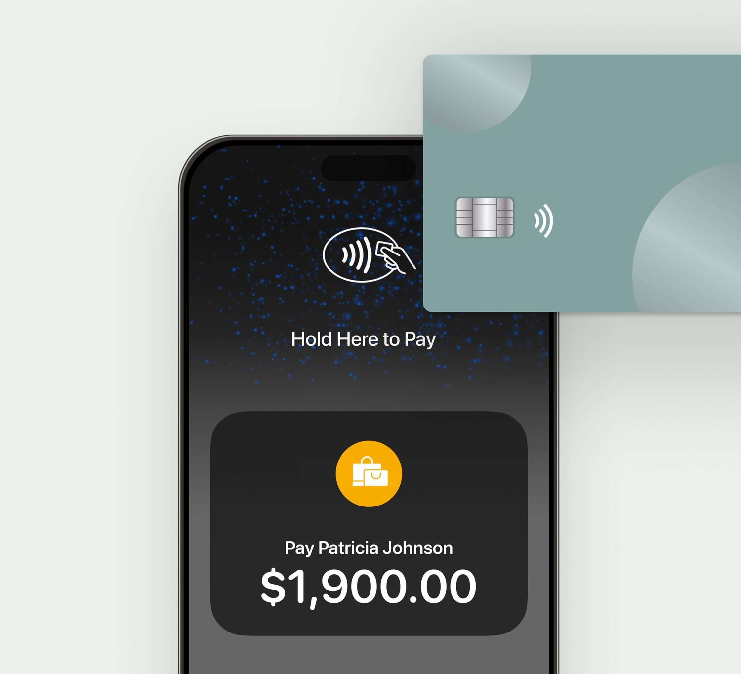 Smartphone screen showing contactless payment interface with credit card and $1,900 transaction amount.